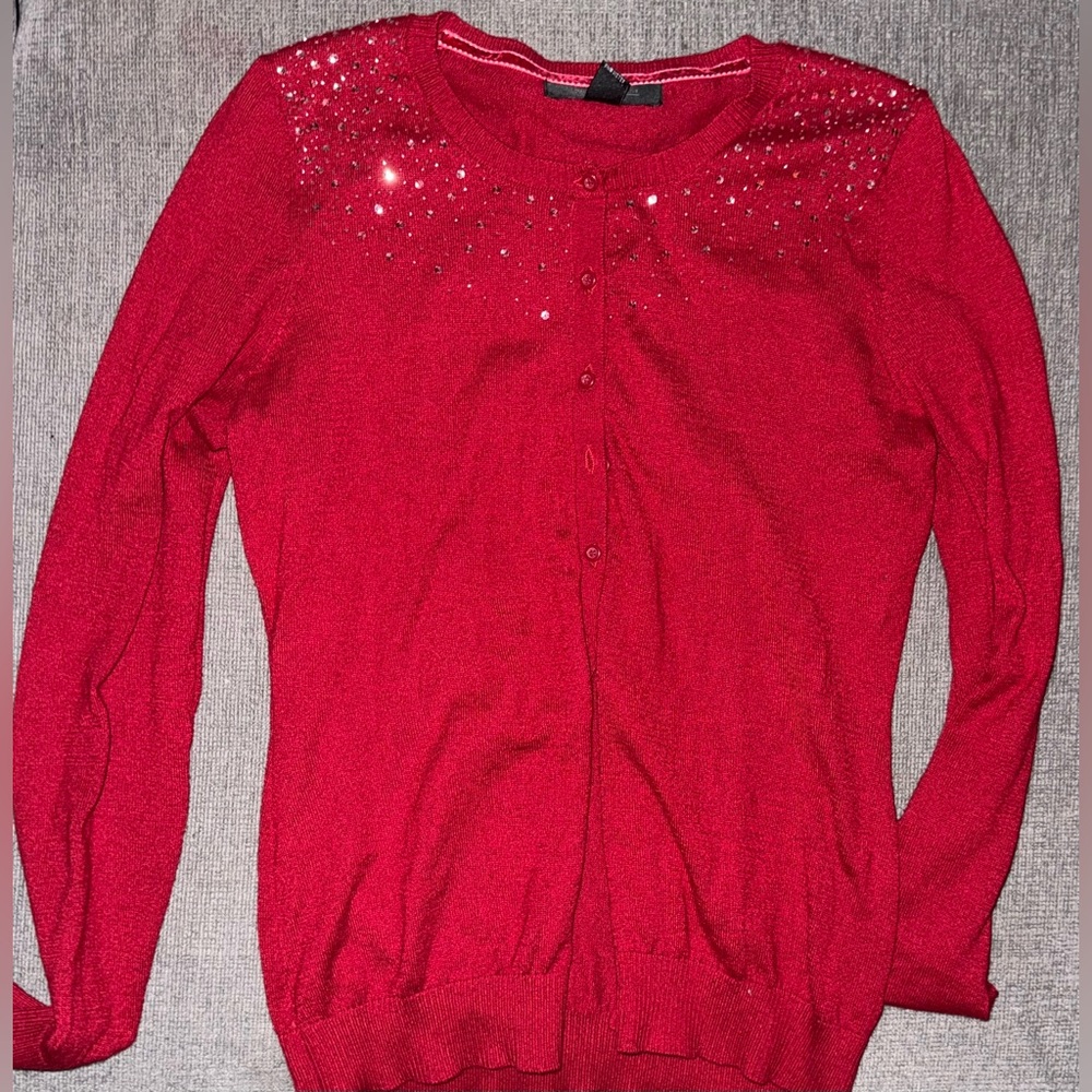 Central Park West Red Cardigan with Sparkling Details